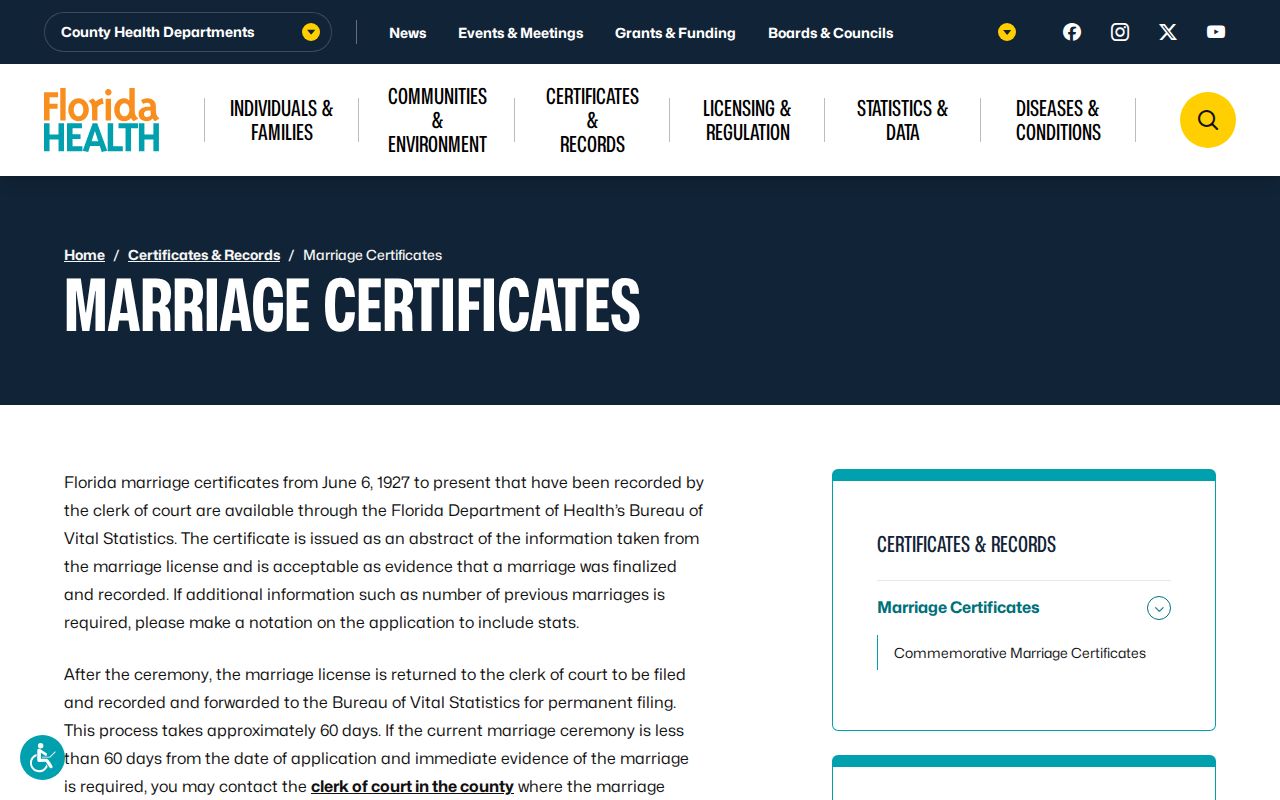 Florida marriage records service used in DeLand previous residents research