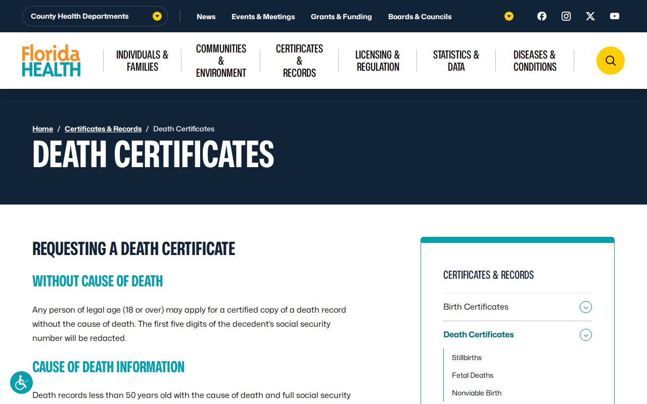 Florida death certificate information for confirming DeLand previous residents