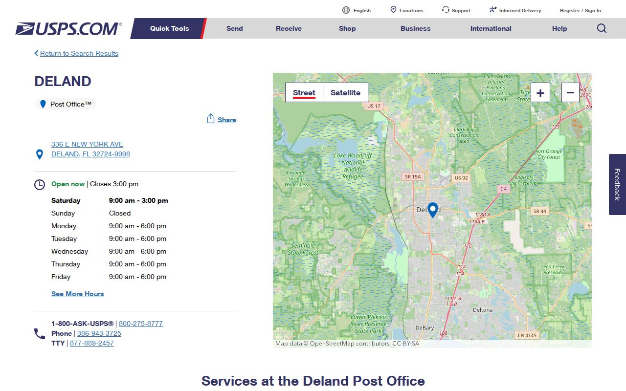 DeLand ZIP code lookup view of the official DeLand Post Office details